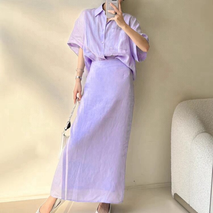 Short Sleeve Linen Shirt High Waist Solid Color Long Skirt Suit