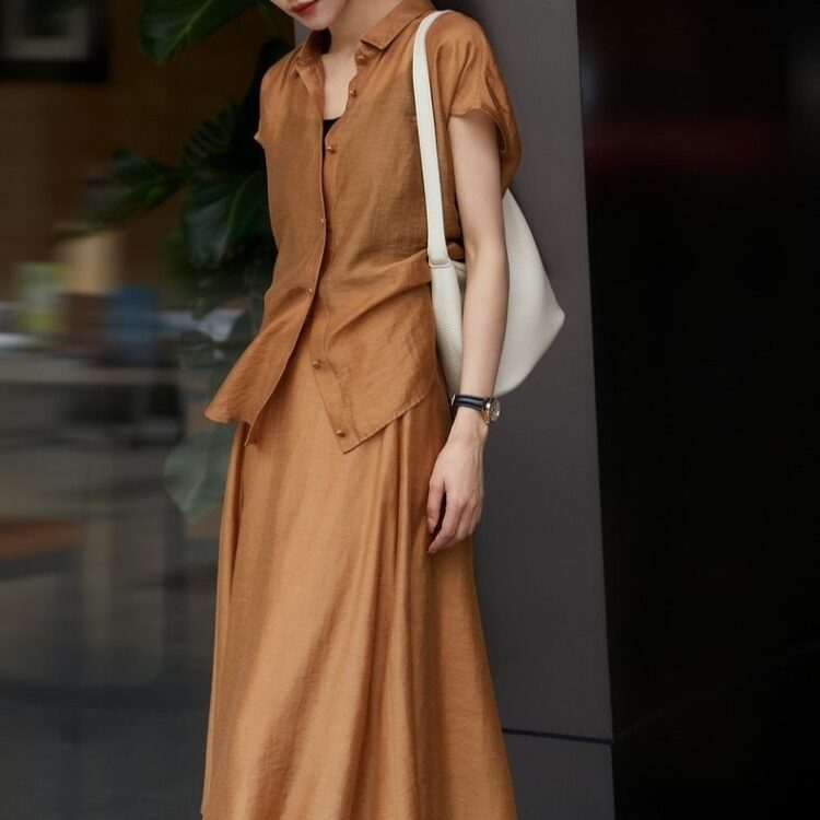 Single Breasted Shirt Pleated A-Line Skirt Set