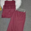Linen-breasted vest and slit skirt two-piece set