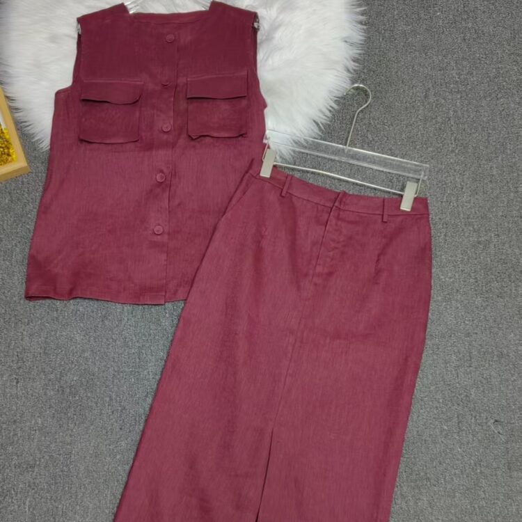 Linen-breasted vest and slit skirt two-piece set
