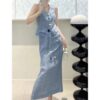 V-neck single-breasted sleeveless vest high waist tie skirt set