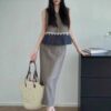 Colorblocked round neck vest slim fit A-line skirt set