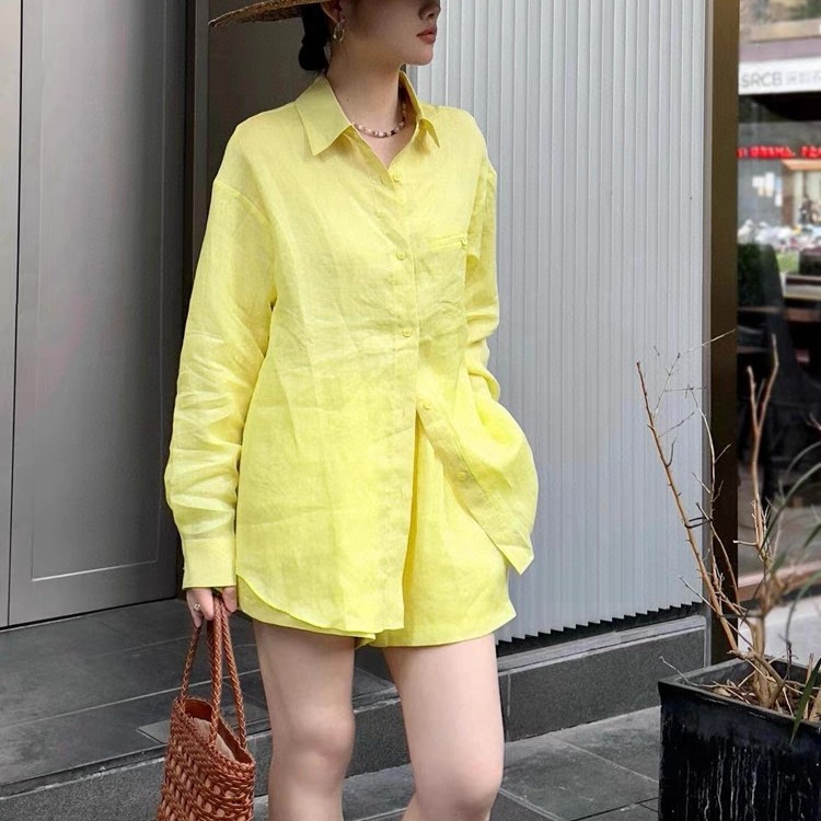 French loose versatile shirt elastic waist casual shorts set