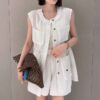 Lace patchwork vest elastic waist casual shorts set (with waist rope)
