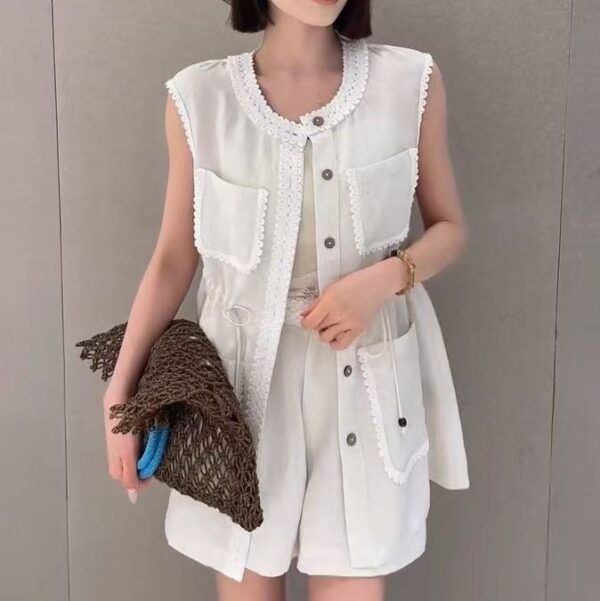 Lace patchwork vest elastic waist casual shorts set (with waist rope)