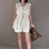 Lace patchwork vest elastic waist casual shorts set (with waist rope)
