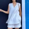 V-neck pullover vest elastic waist A-line casual shorts set