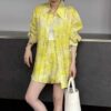 Linen sunscreen tie-dye pattern shirt elastic waist casual shorts set (with belt)