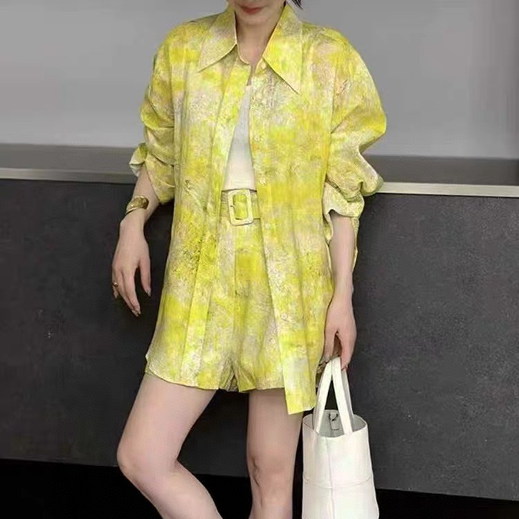 Linen sunscreen tie-dye pattern shirt elastic waist casual shorts set (with belt)