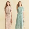 Round neck lace short-sleeved top and high-waisted skirt set