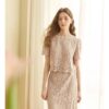 Round neck lace short-sleeved top and high-waisted skirt set