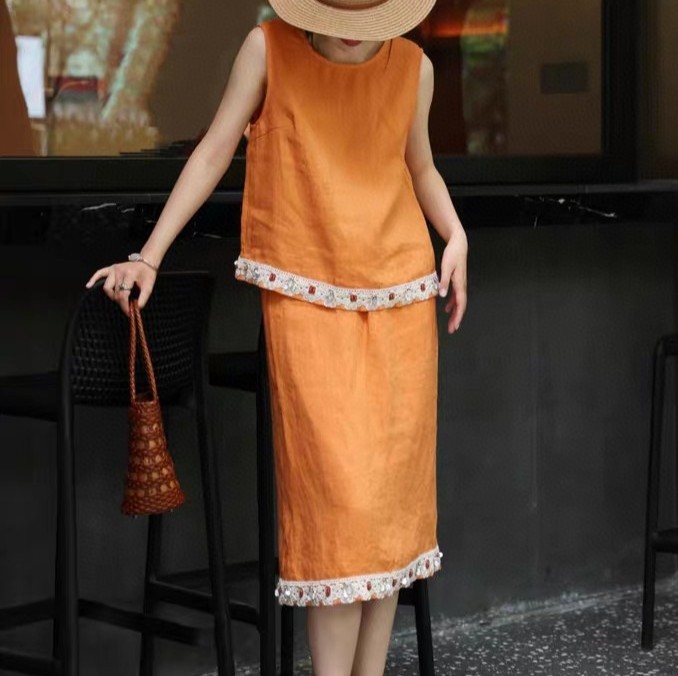 Linen Beaded Lace Hem Vest Elastic Waist Skirt Set