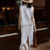 Linen Beaded Lace Hem Vest Elastic Waist Skirt Set