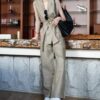 Khaki linen vest and wide-leg casual pants set (with belt)