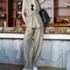 Khaki linen vest and wide-leg casual pants set (with belt)
