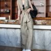Khaki linen vest and wide-leg casual pants set (with belt)
