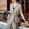 Khaki linen vest and wide-leg casual pants set (with belt)