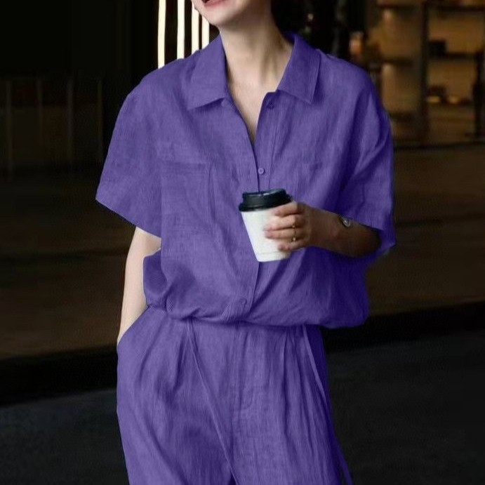 Minimalist short-sleeved shirt and simple drawstring design casual pants set