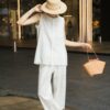 Hand-beaded tasseled linen round neck sleeveless vest and elastic waist wide leg casual pants set