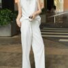 Hand-beaded tasseled linen round neck sleeveless vest and elastic waist wide leg casual pants set