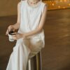Hand-beaded tasseled linen round neck sleeveless vest and elastic waist wide leg casual pants set