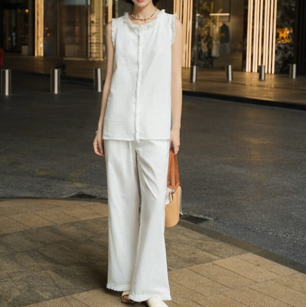 Hand-beaded tasseled linen round neck sleeveless vest and elastic waist wide leg casual pants set