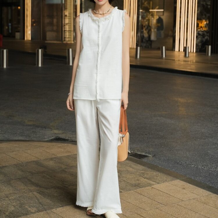 Hand-beaded tasseled linen round neck sleeveless vest and elastic waist wide leg casual pants set