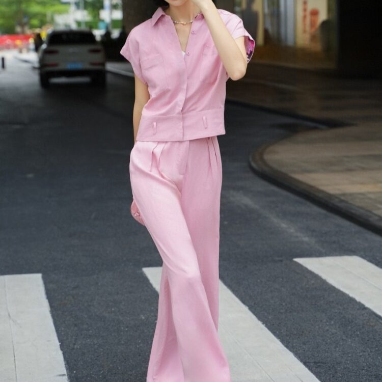 Hidden-fly shirt and straight-leg loose casual pants set (with belt)
