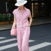 Hidden-fly shirt and straight-leg loose casual pants set (with belt)