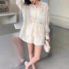 Butterfly and floral embroidery slim sun protection shirt and fashionable casual shorts set