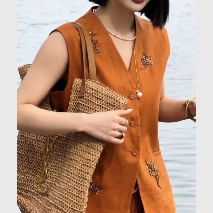 Beaded vest and wide-leg casual pants two-piece set