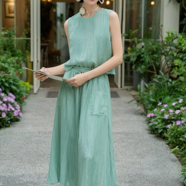 Tie-dyed sleeveless vest and loose skirt two-piece set