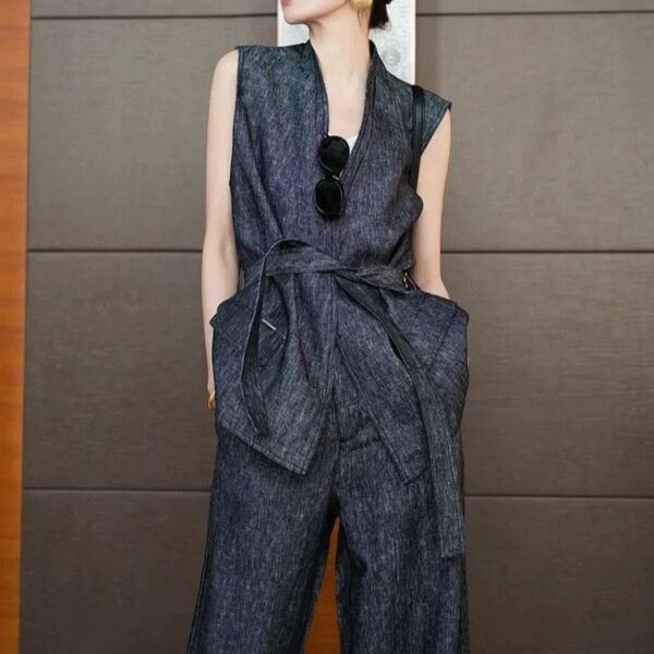 High-end vest and high-waist wide-leg casual pants set (with belt)