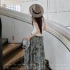 100% natural fiber cotton blue and green contrast floral print slim skirt