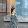 100% natural fiber cotton blue and green contrast floral print slim skirt