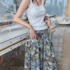 100% natural fiber cotton blue and green contrast floral print slim skirt