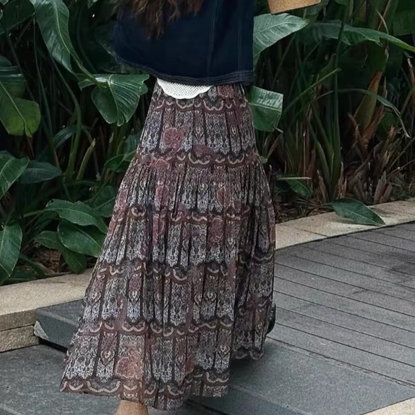 Retro printed versatile high-waisted slim A-line skirt