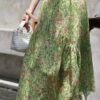 Curved pleated ramie skirt with green grass and flowers