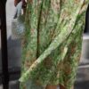 Curved pleated ramie skirt with green grass and flowers