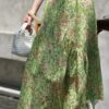 Curved pleated ramie skirt with green grass and flowers