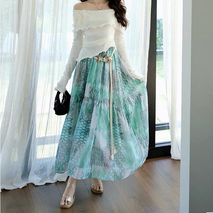 French oil painting printed ramie skirt (with belt)