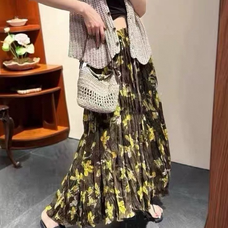 Pleated elastic waist printed versatile skirt