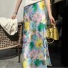 Retro high-waist oil painting printed A-line skirt