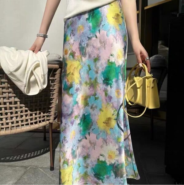 Retro high-waist oil painting printed A-line skirt