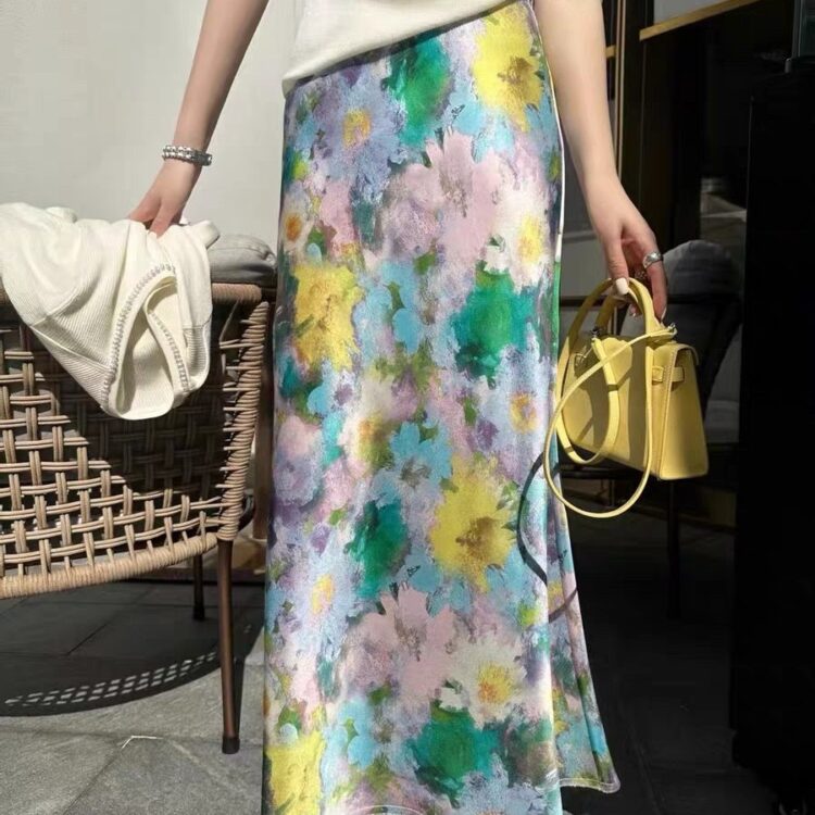 Retro high-waist oil painting printed A-line skirt
