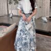 Small stand collar stitching print big swing dress (with belt)