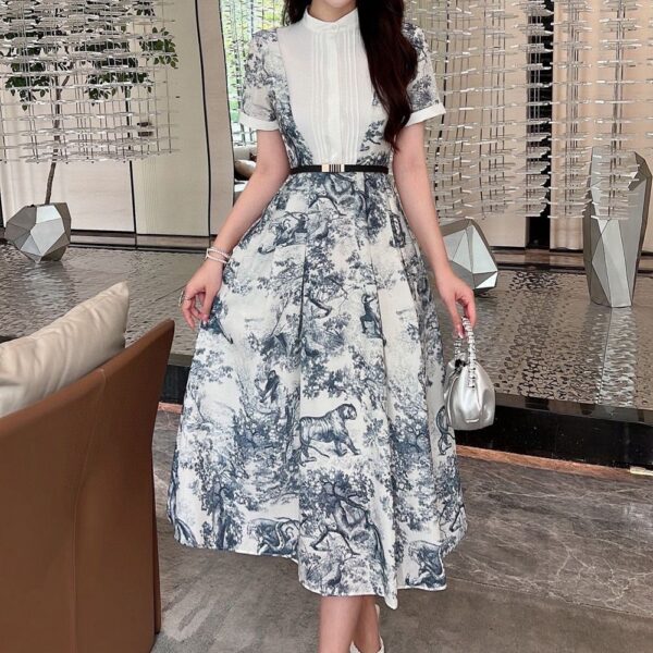 Small stand collar stitching print big swing dress (with belt)