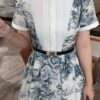 Small stand collar stitching print big swing dress (with belt)