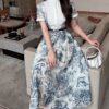 Small stand collar stitching print big swing dress (with belt)