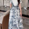 Small stand collar stitching print big swing dress (with belt)
